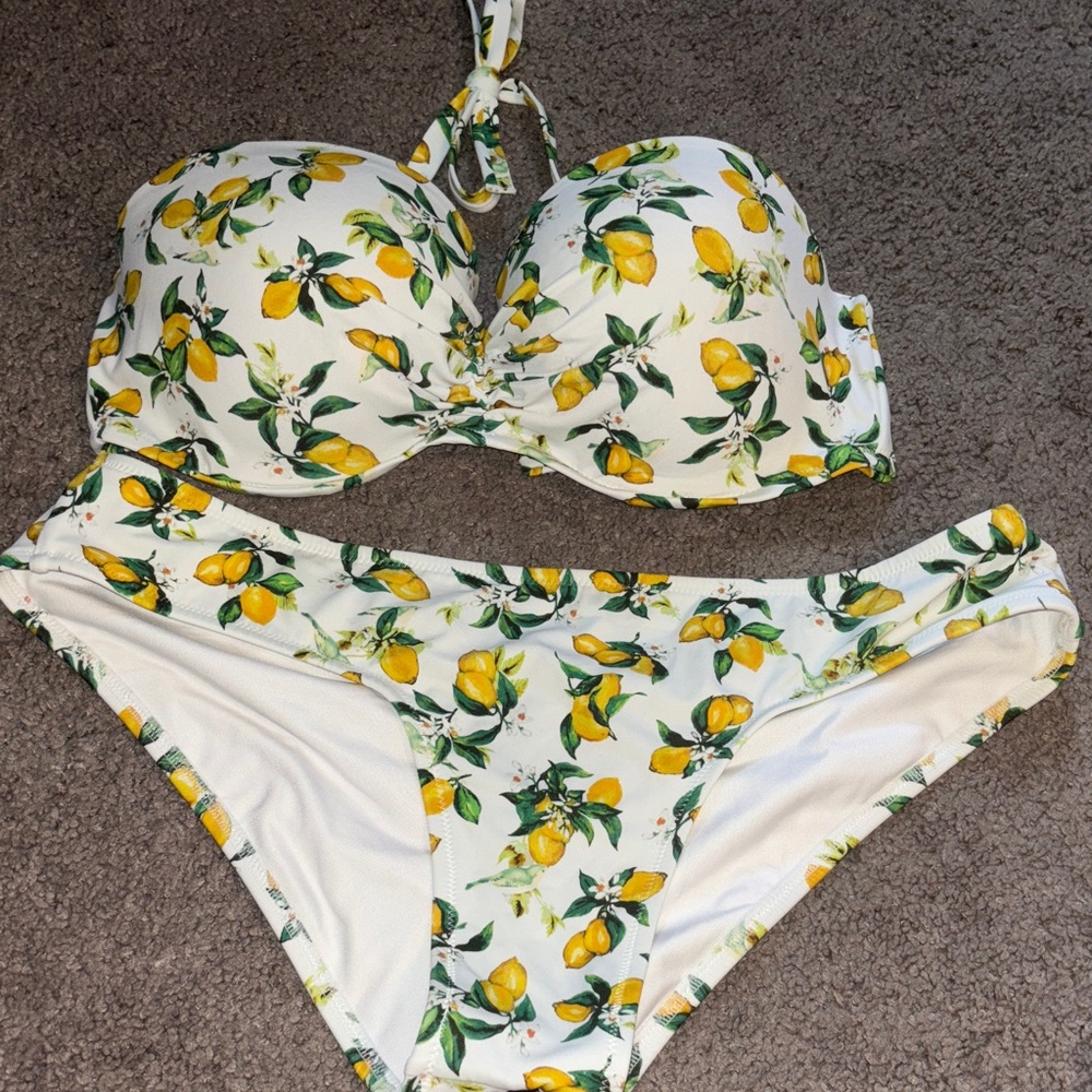 Victoria's Secret Lemon Print Bikini - White and Yellow